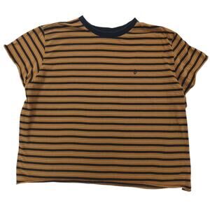 Volcom Womens Striped Short Sleeve T-Shirt Plus Sz XXL Brown Blue Cropped Boxy